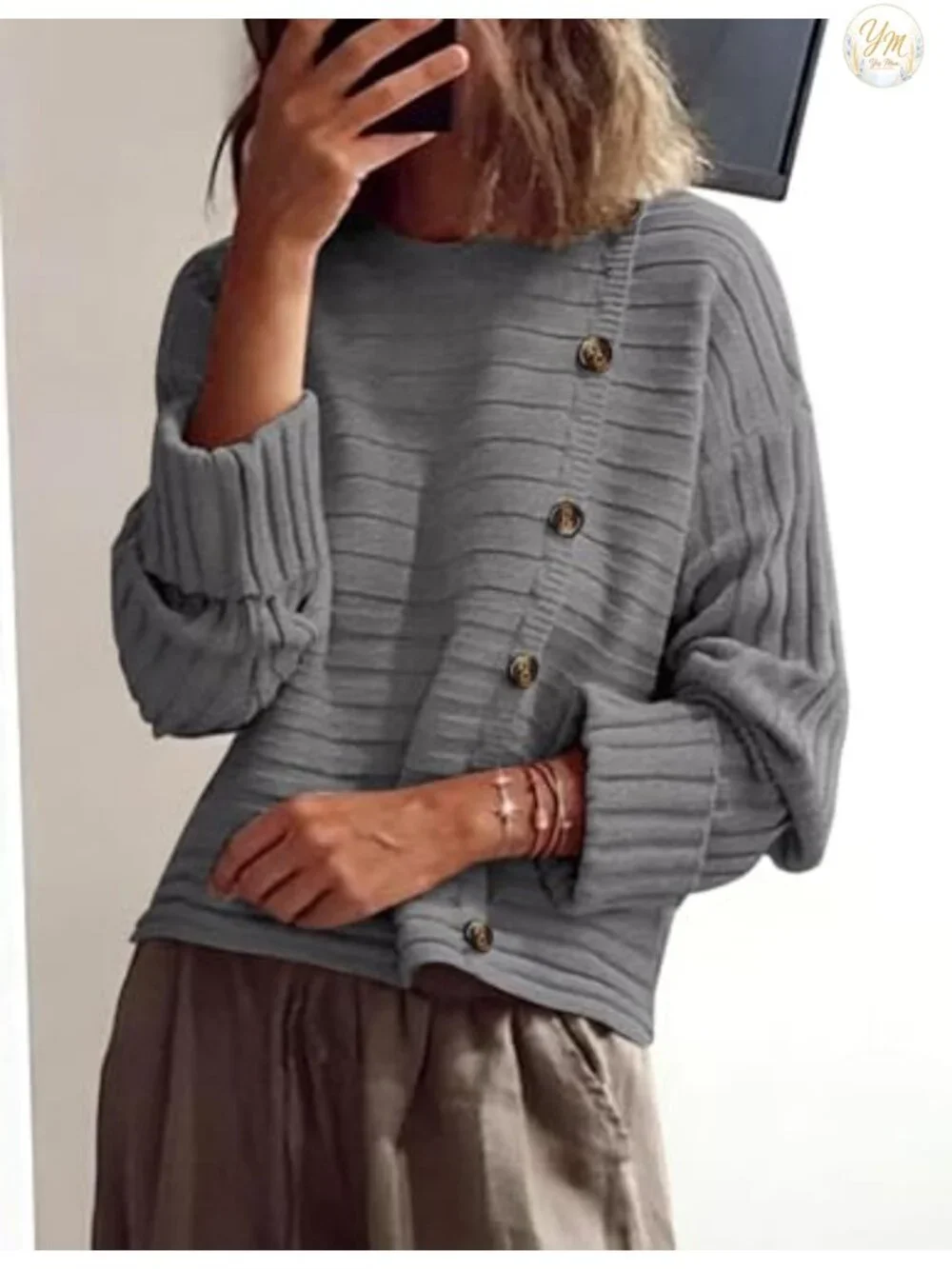 Womens Asymmetric Button Long Sleeve Knit Pullover Sweater Chunky